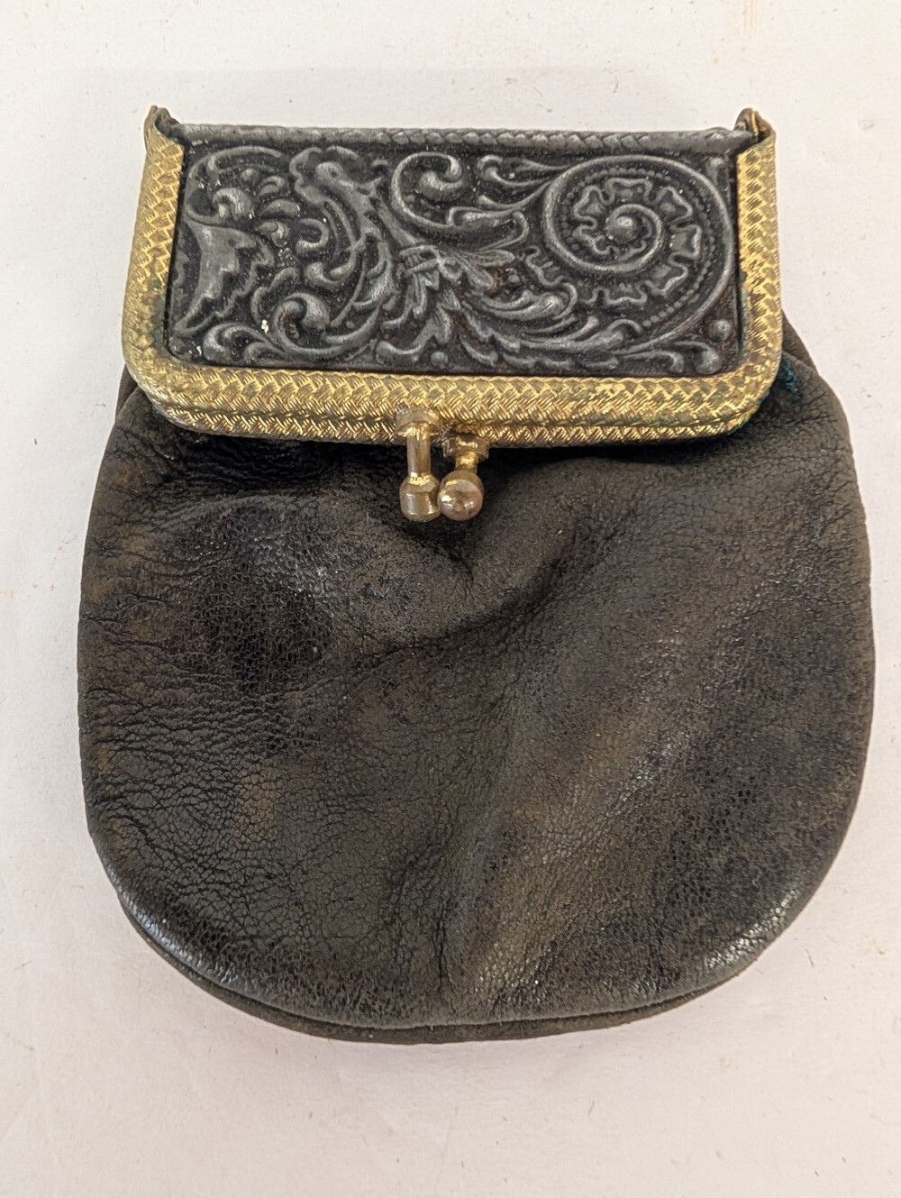 Vintage Snuff Pouch Brown Leather  Embossed Frame Victorian 1800s